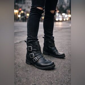 Steve Madden Colony Black Leather Moto Ankle Boots Double Buckle Size 8